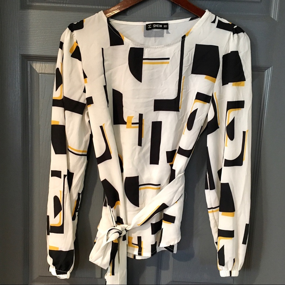 SHEIN Belted Geometric Print Blouse Size Small